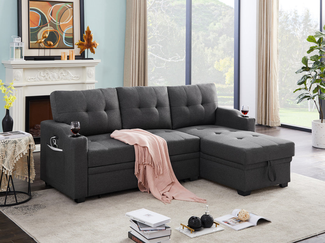 Mabel 83" Dark Gray Linen Fabric Sleeper Sectional With Cupholder, Usb Charging Port And Pocket Dark Gray Linen