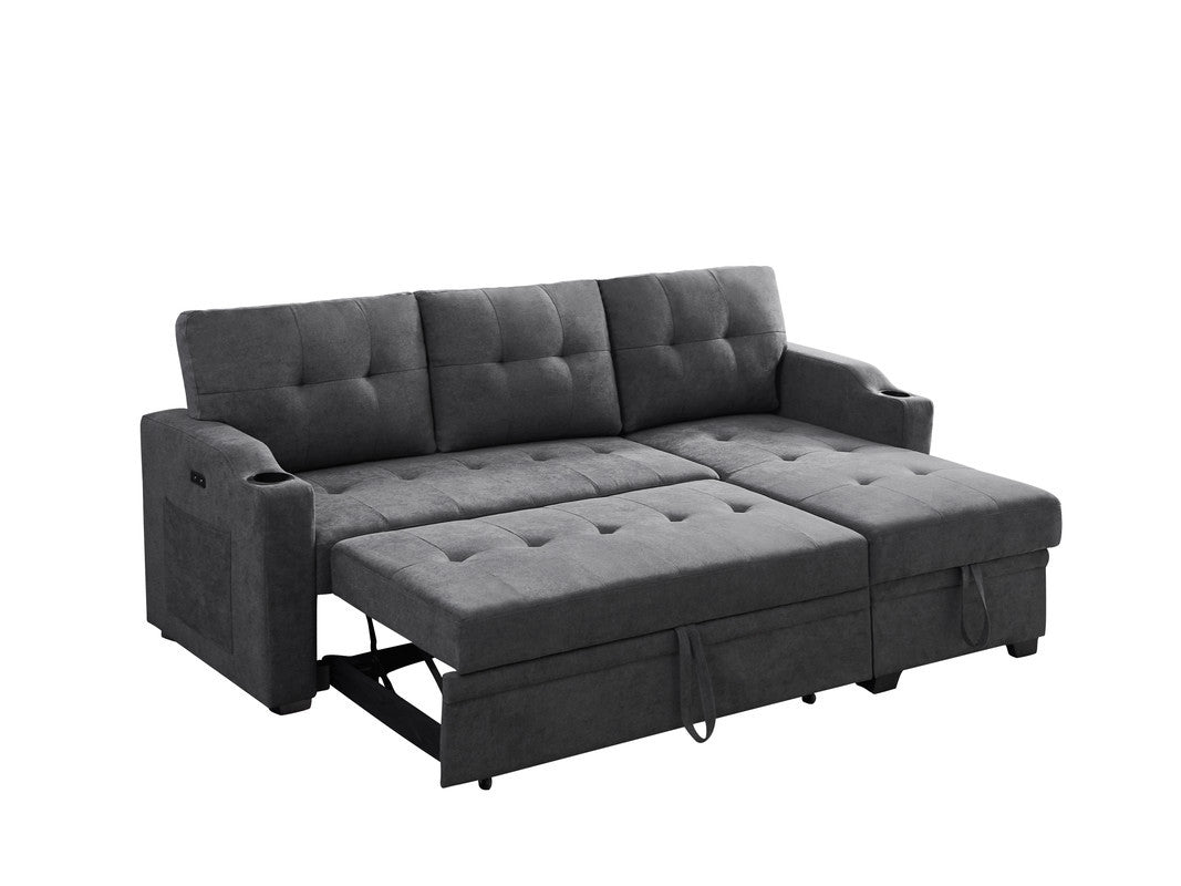 Mabel 83" Dark Gray Woven Fabric Sleeper Sectional With Cupholder, Usb Charging Port And Pocket Dark Gray Fabric