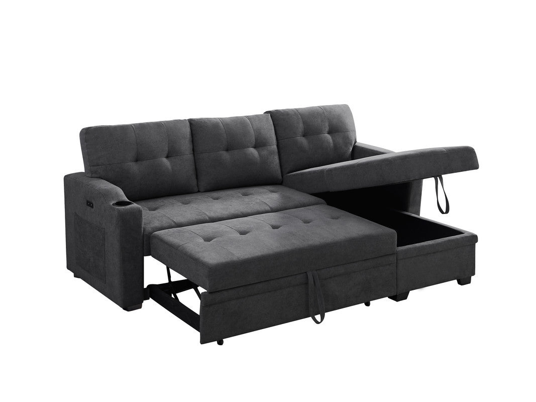 Mabel 83" Dark Gray Woven Fabric Sleeper Sectional With Cupholder, Usb Charging Port And Pocket Dark Gray Fabric