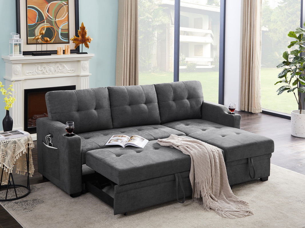 Mabel 83" Dark Gray Woven Fabric Sleeper Sectional With Cupholder, Usb Charging Port And Pocket Dark Gray Fabric