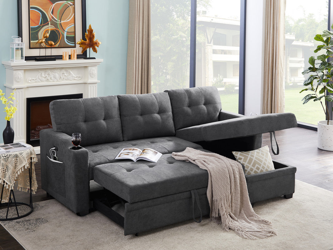 Mabel 83" Dark Gray Woven Fabric Sleeper Sectional With Cupholder, Usb Charging Port And Pocket Dark Gray Fabric