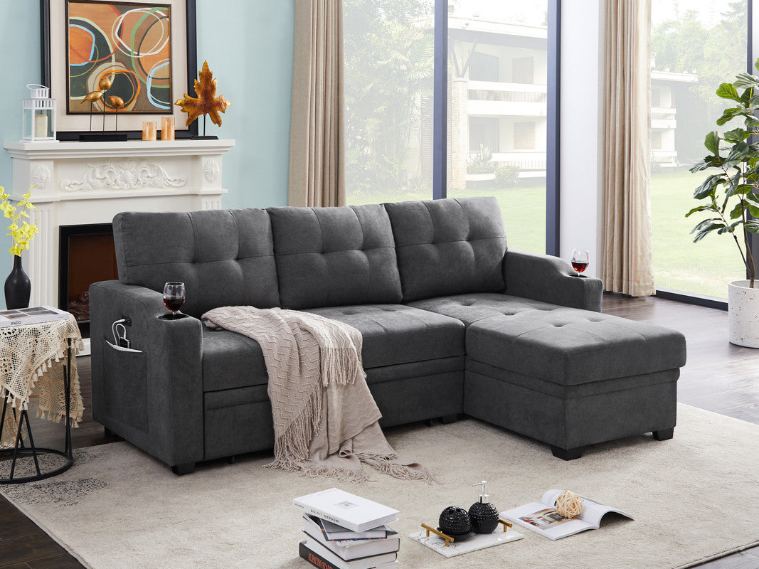 Mabel 83" Dark Gray Woven Fabric Sleeper Sectional With Cupholder, Usb Charging Port And Pocket Dark Gray Fabric