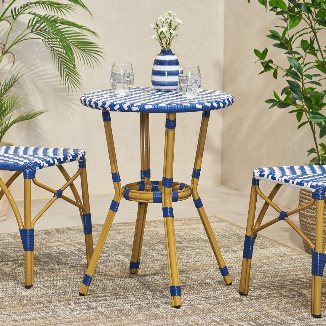 French Bistro Table - White Blue Rattan