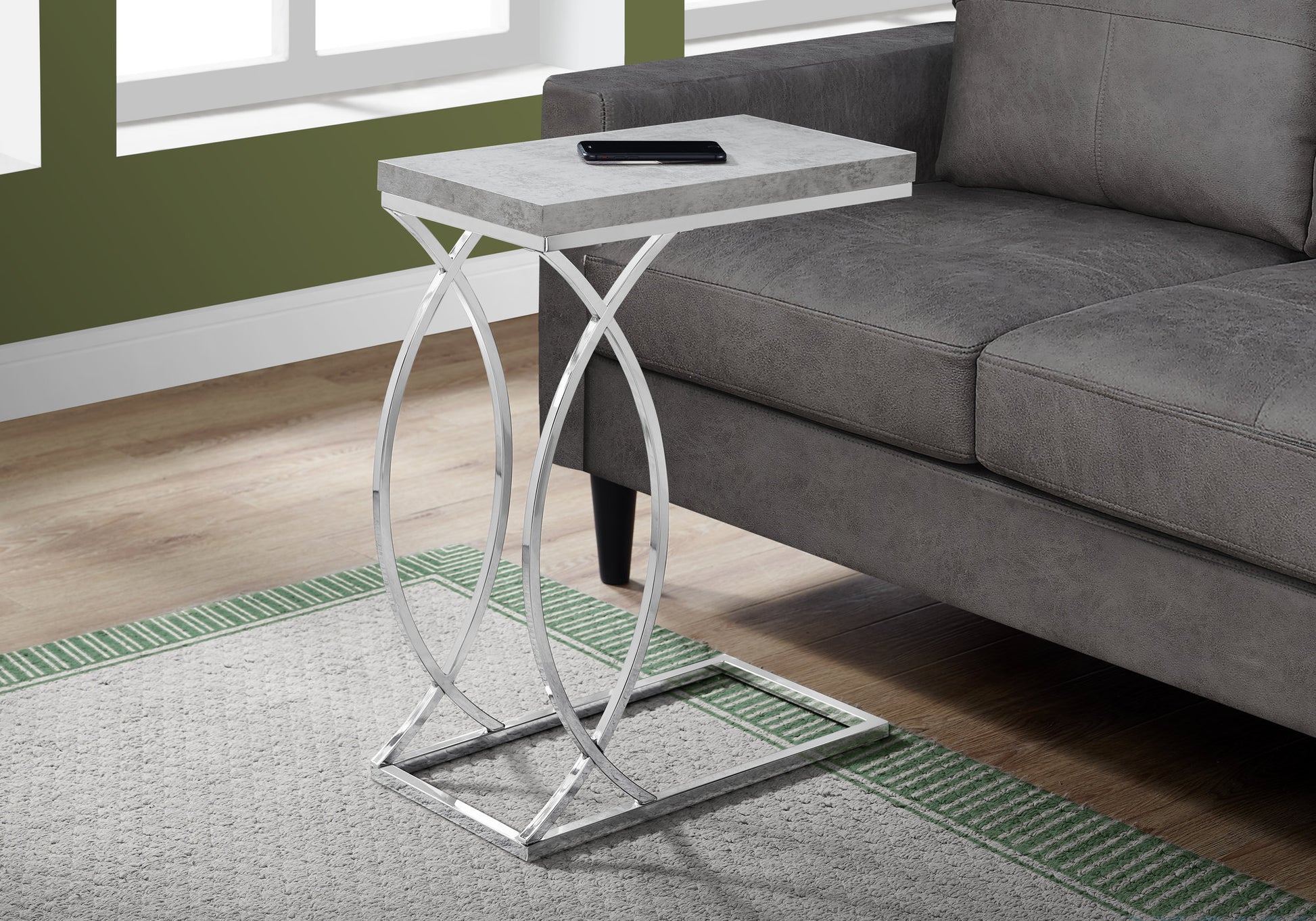 Accent Table, C Shaped, End, Side, Snack, Living Room, Bedroom, Grey Laminate, Chrome Metal, Contemporary, Modern Grey Mdf