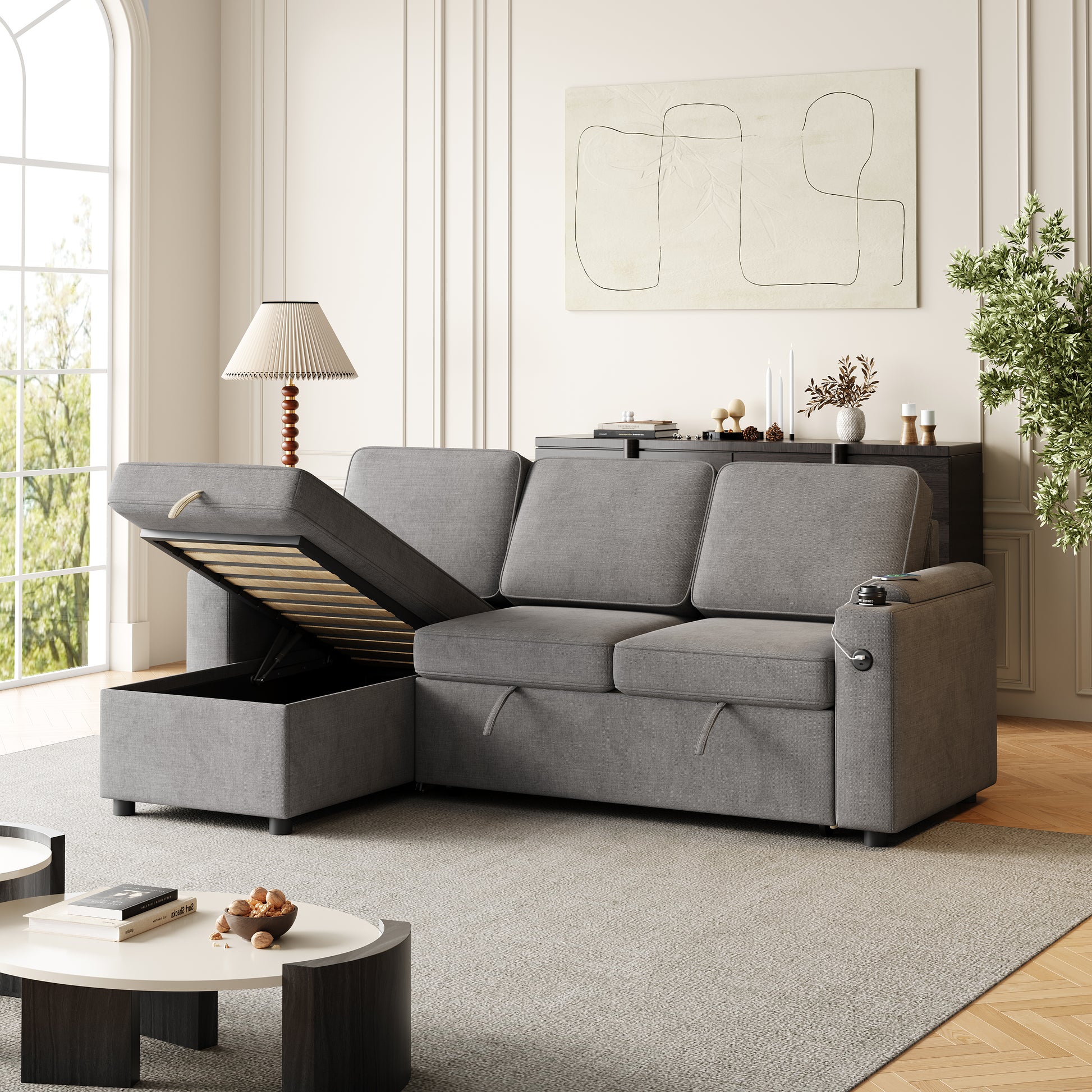 Mh85.8" Sleeper Sofa, Sofa Bed 2 In 1 Pull Out Sofa Bed With Storage Sofa, Sofa Sleeper With Pull Out Bed With Charging Port Dark Grey Polyester Primary Living Space Eucalyptus Polyester Fabric 3