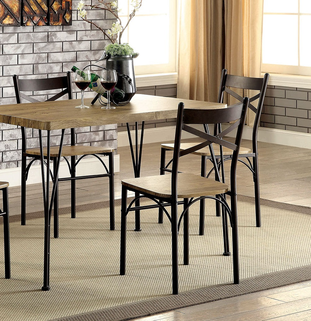 Dark Bronze Metal Kitchen 5Pc Dining Set Dining Table And 4X Side Chairs Paper Veneer X Cross Back Design Dining Room Furniture Metal Wood Natural Multi Seats 4 Metal Dining Room Solid Wood