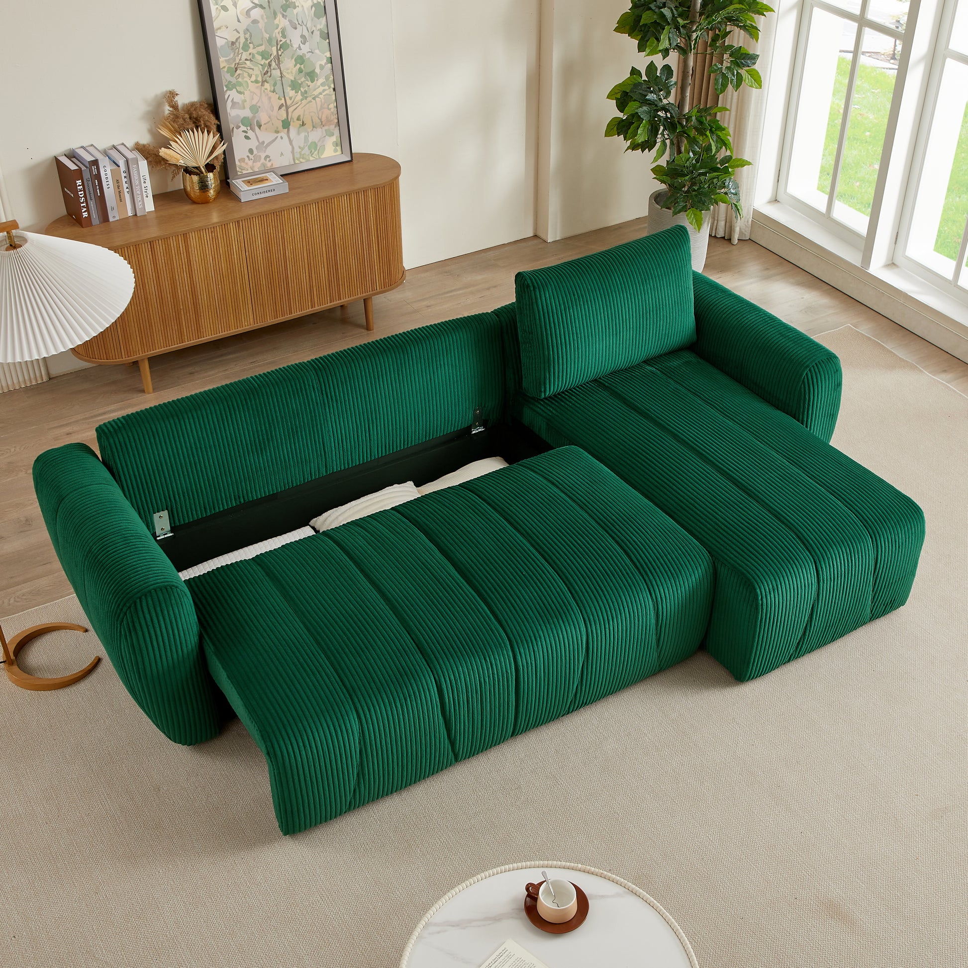 Convertible Sectional Sofa Couch, Modern Fabric 3 Seater L Shaped Couch For Living Room, Apartment, Office, Small Space Dark Green Corduroy 5 Seat