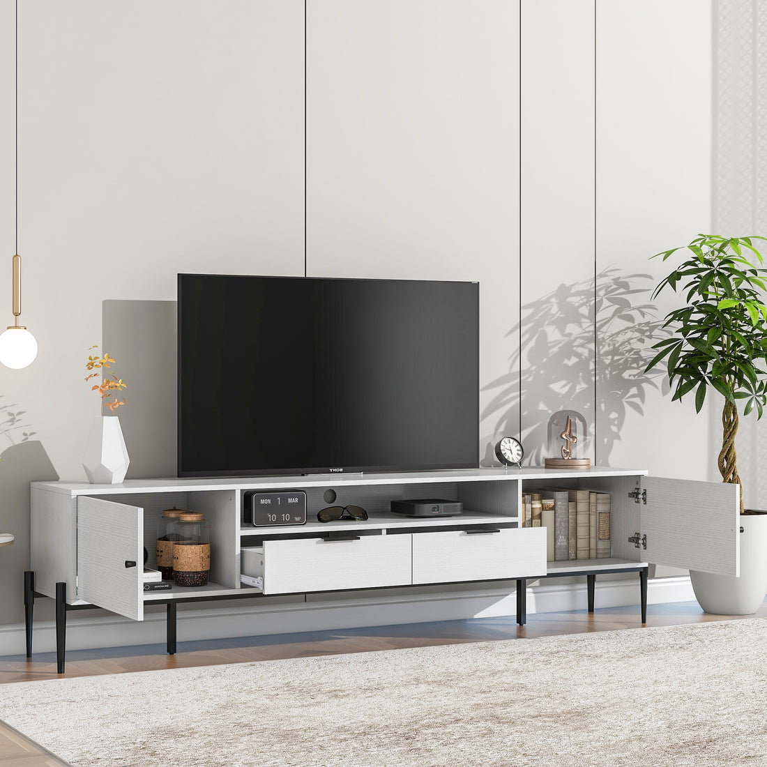 Modern Tv Console, Entertainment Center With Storage For Living Room 70.86X15.74X21.85Inch 5 Or More Spaces White Primary Living Space Particle Board