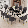 1 Table And 8 Chairs Set.A Rectangular Dining Table With A Imitation Marble Black Table Top And Black Metal Legs.Paired With 8 Chairs With Pu Leather Seat Cushion And Black Metal Legs.F 1537,C 007 Black Glass Metal