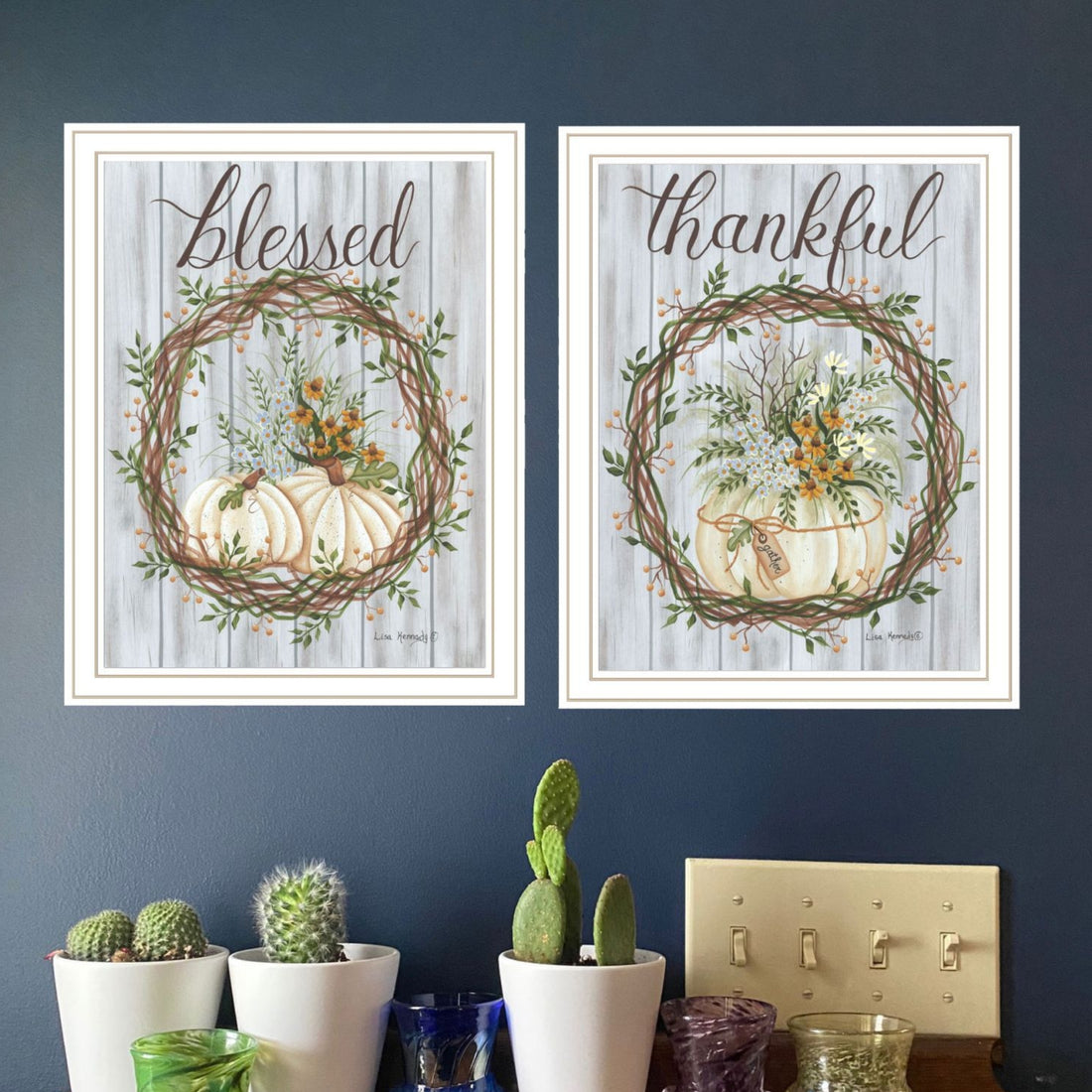 "Thankful And Blessed For The Fall" Framed Wall Art For Living Room, Wall Art Print For Home Decor, Bedroom Wall Art By Lisa Kennedy Multicolor Wood Paper