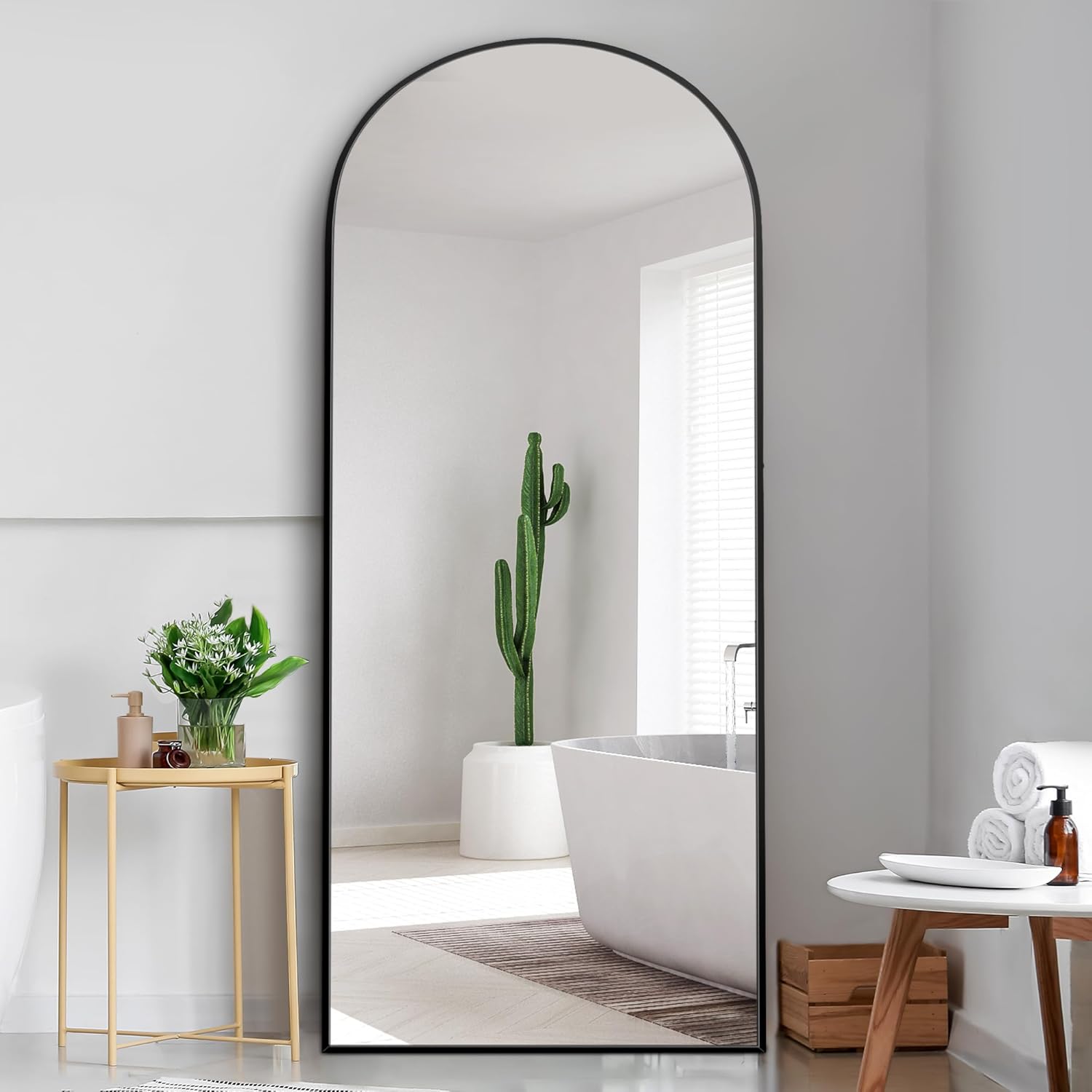 Dolonm 71X24 Inch Arch Full Length Mirror, Modern Design Standing Floor Mirror, Full Body Mirror For Living Room, Bedroom, Bathroom, Cloakroom, Hallway, Black Aluminum Alloy Frame Black Mirror