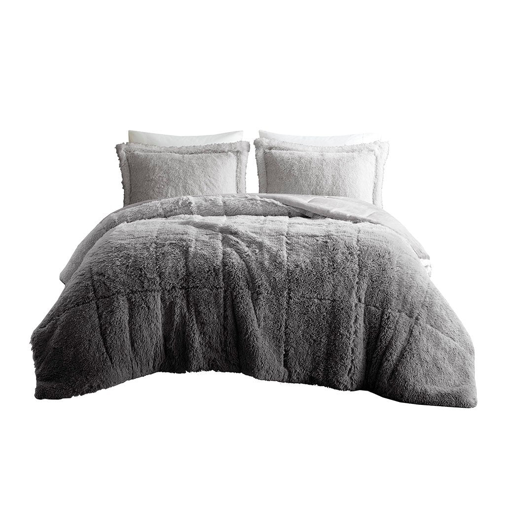 Ombre Shaggy Long Fur Comforter Mini Set King Grey Polyester