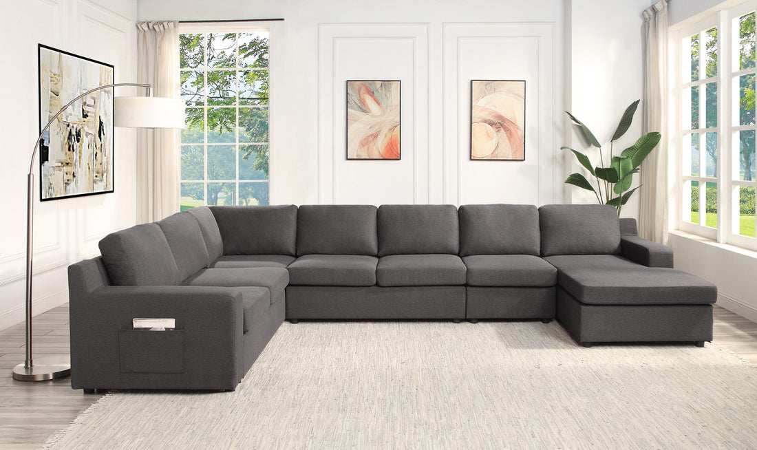 Waylon 145.5" Gray Linen 7 Seater U Shape Sectional Sofa Chaise With Pocket Gray Linen