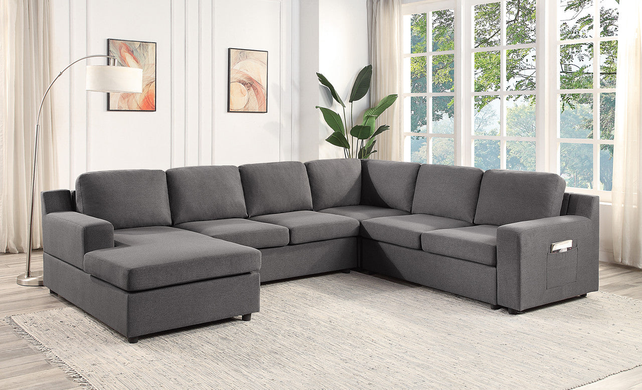 Waylon 119.5" Gray Linen 6 Seater U Shape Sectional Sofa Chaise And Pocket Gray Linen