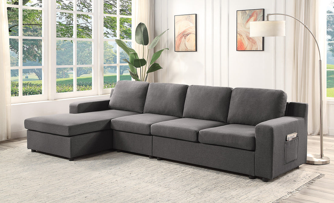 Waylon 119" Gray Linen 4 Seater Sectional Sofa Chaise With Pocket Gray Linen