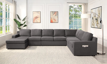 Waylon 145.5" Gray Linen 7 Seater U Shape Sectional Sofa Chaise With Pocket Gray Linen