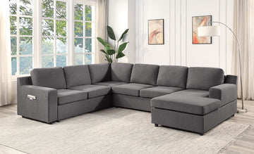 Waylon 119.5" Gray Linen 6 Seater U Shape Sectional Sofa Chaise And Pocket Gray Linen