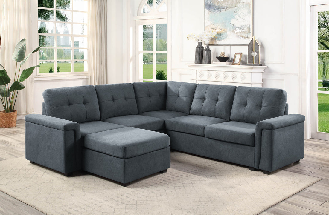 Isla 92.5" Gray Woven Fabric 6 Seater Sectional Sofa With Ottoman Gray Fabric