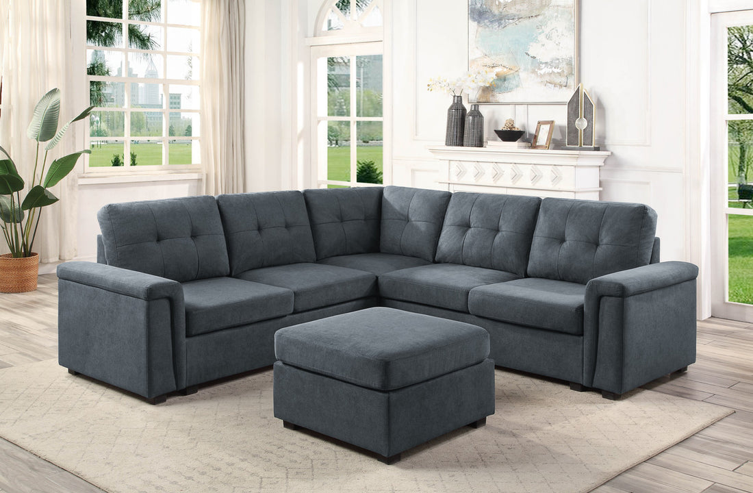 Isla 92.5" Gray Woven Fabric 6 Seater Sectional Sofa With Ottoman Gray Fabric