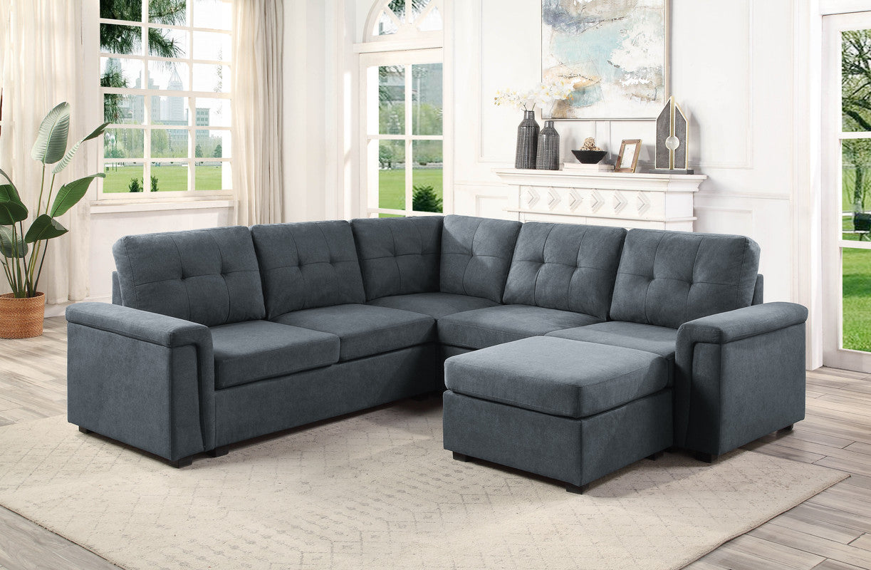 Isla 92.5" Gray Woven Fabric 6 Seater Sectional Sofa With Ottoman Gray Fabric