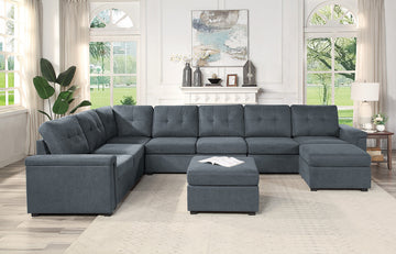 Isla 145" Gray Woven Fabric 9 Seater Sectional Sofa With Ottomans Gray Fabric