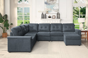 Isla 119" Gray Woven Fabric 7 Seater Sectional Sofa With Ottoman Gray Fabric