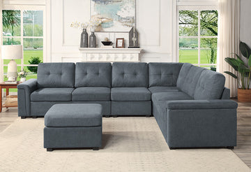 Isla 119" Gray Woven Fabric 7 Seater Sectional Sofa With Ottoman Gray Fabric