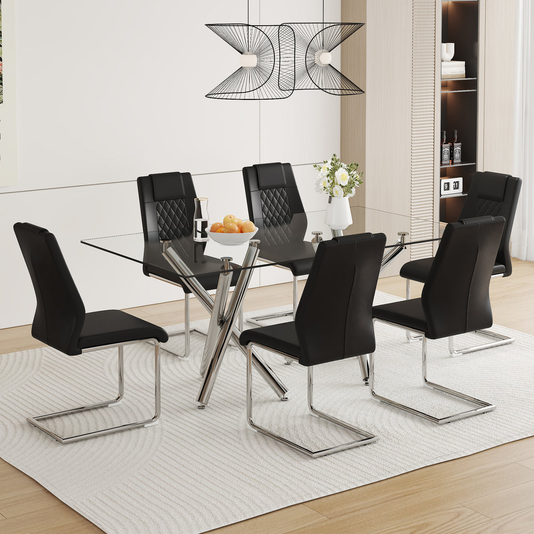 Table And Chair Set.Large Minimalist Rectangular Glass Dining Table For 6 8 With 0.39" Tempered Glass Tabletop And Silver Chrome Metal Legs.Paried With Comfortable Chairs With Pu Seats And Metal Legs. Silver Seats 6 Glass Metal