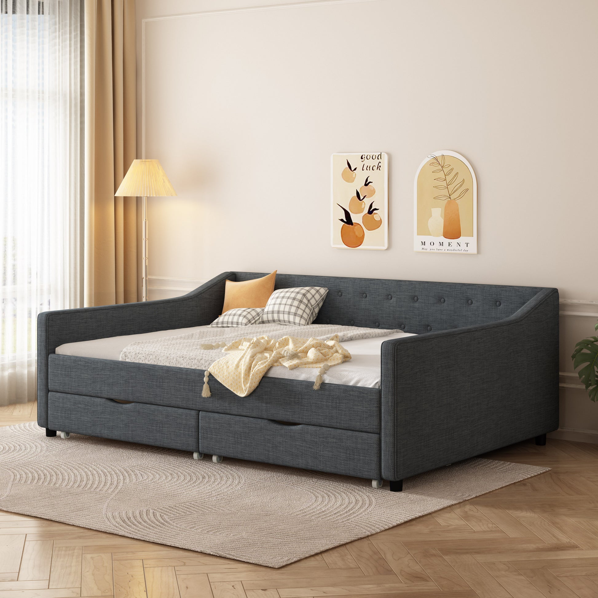 Full Size Daybed With Drawers Upholstered Tufted Sofa Bed, With Button On Back And Piping On Waved Shape Arms Dark Grey Full Dark Grey Wood Fabric