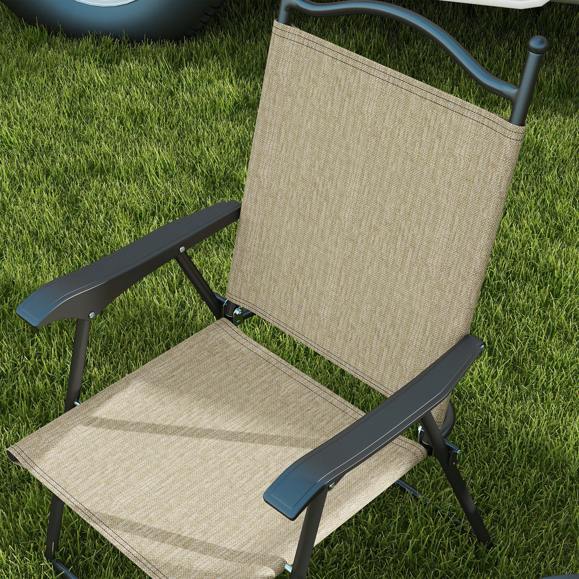 Outsunny Folding Patio Chairs, Set Of 4 Sports Chairs For Adults, Camping Chairs With Armrests,Mesh Fabric Seat For Lawn, Beige Beige Metal