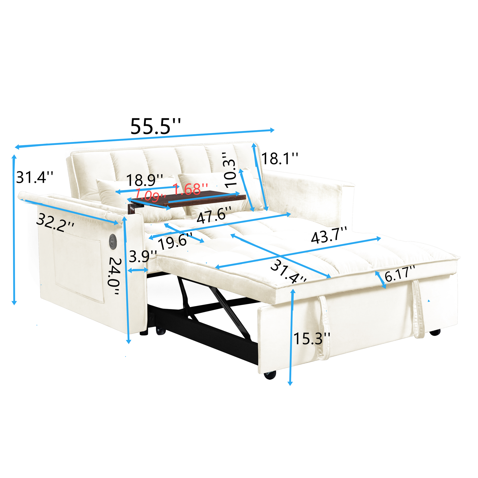 55.5 "3 In 1 Foldable Sofa Bed, Modern Velvet Double Sofa, Sofa Bed With Adjustable Back, Storage Bag And Pillow, Hidden Living Room Laptop Desk With Usb Port, Suitable For Living Room, Bedroom