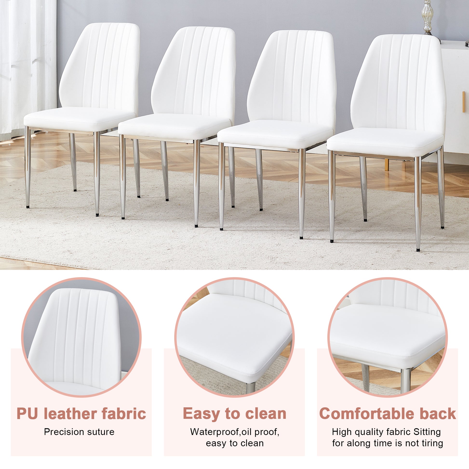 Set Of Four White Pu Comfort Dining Chairs 17.7"X25" .Dining Chair With Extended Backrest,White Pu,Silver Metal Legs,Suitable For Various Places Such As Family Restaurants, Hotels, Coffee Shops,Etc.