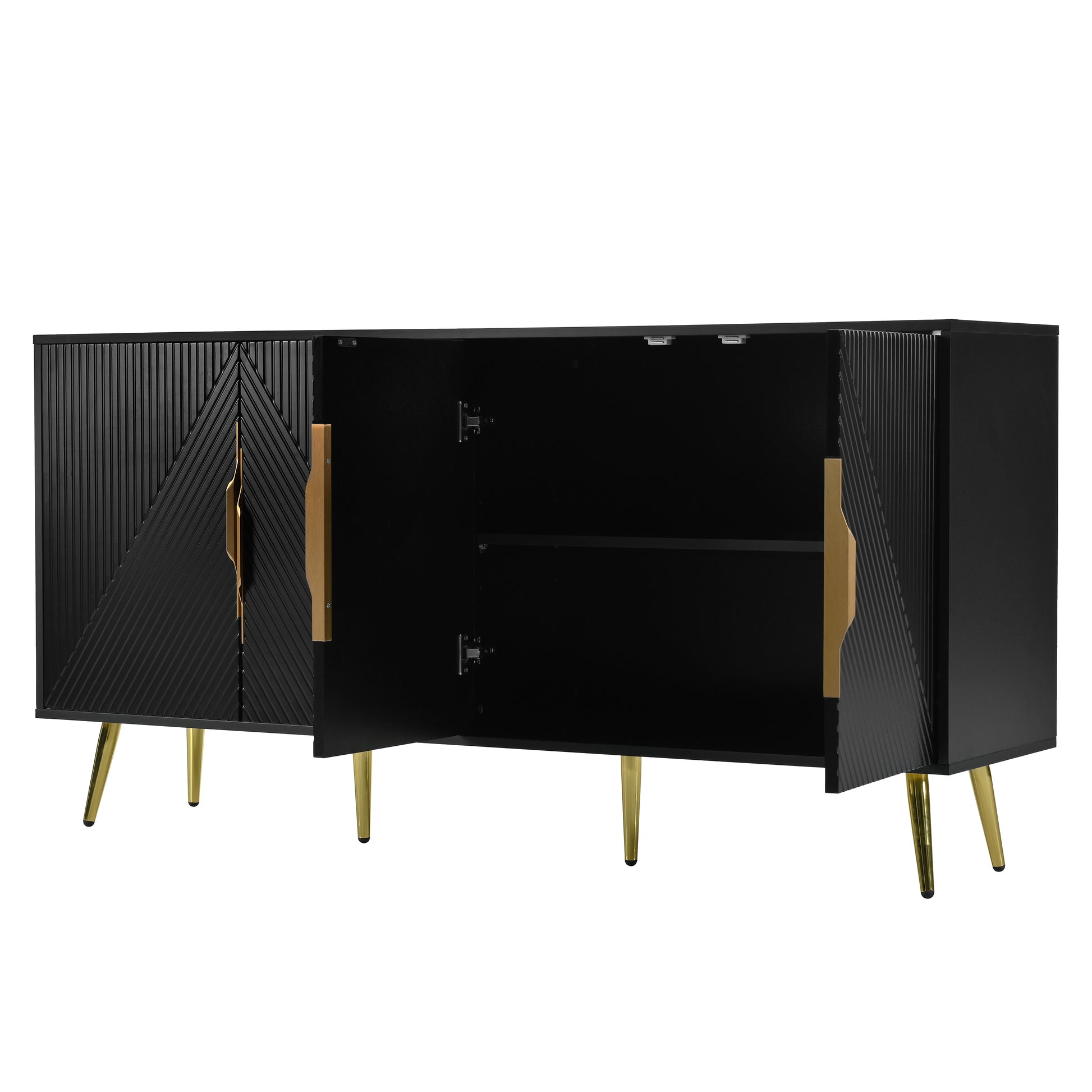 Stylish Sideboard With Wave Geometric Design, Conical Legs, Adjustable, Suitable For Study, Entryway And Living Room Black American Design Mdf