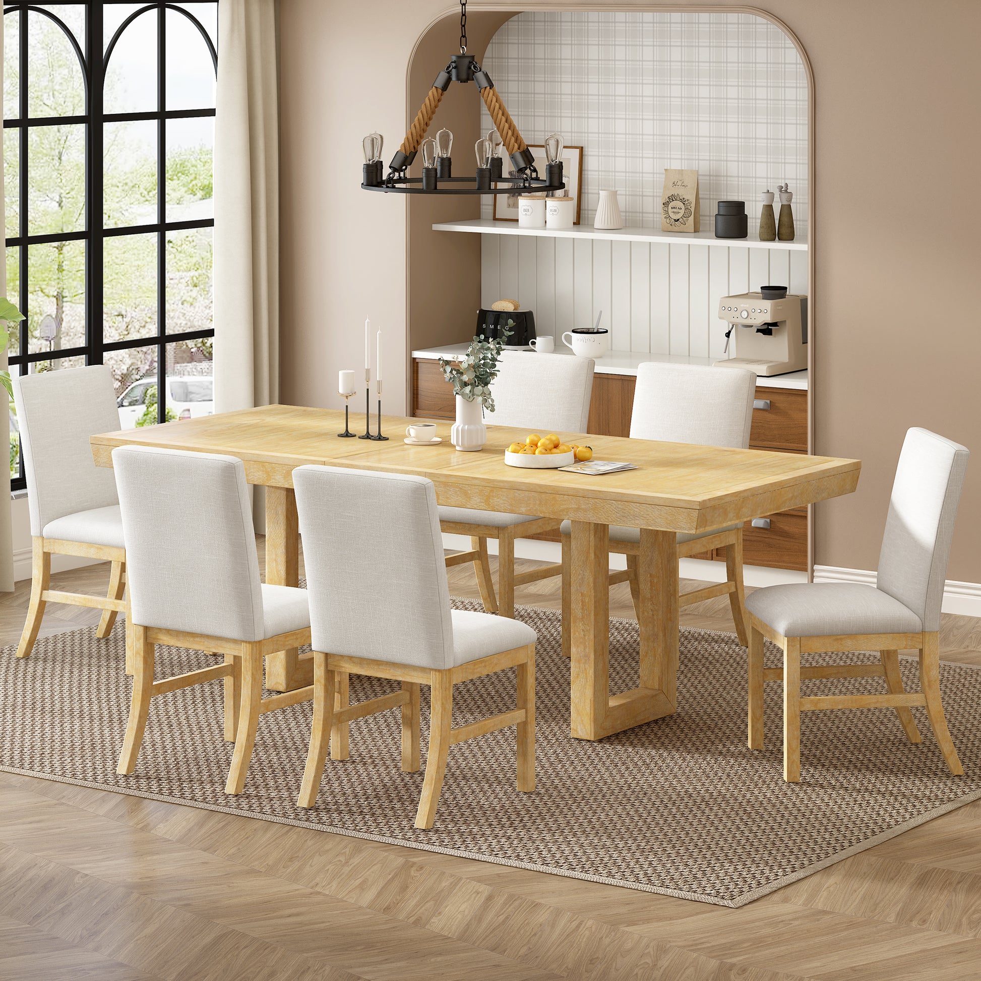 Traditional 7 Piece 72" Extendable Dining Table Set With 12Inch Butterfly Leaf And 6 Upholstered Dining Table Set, Natural Wood Dining Room Distressed Finish Rubberwood Rectangular Dining Table With Chair Wood Wood Natural Seats 6 72 Inches Butterfly