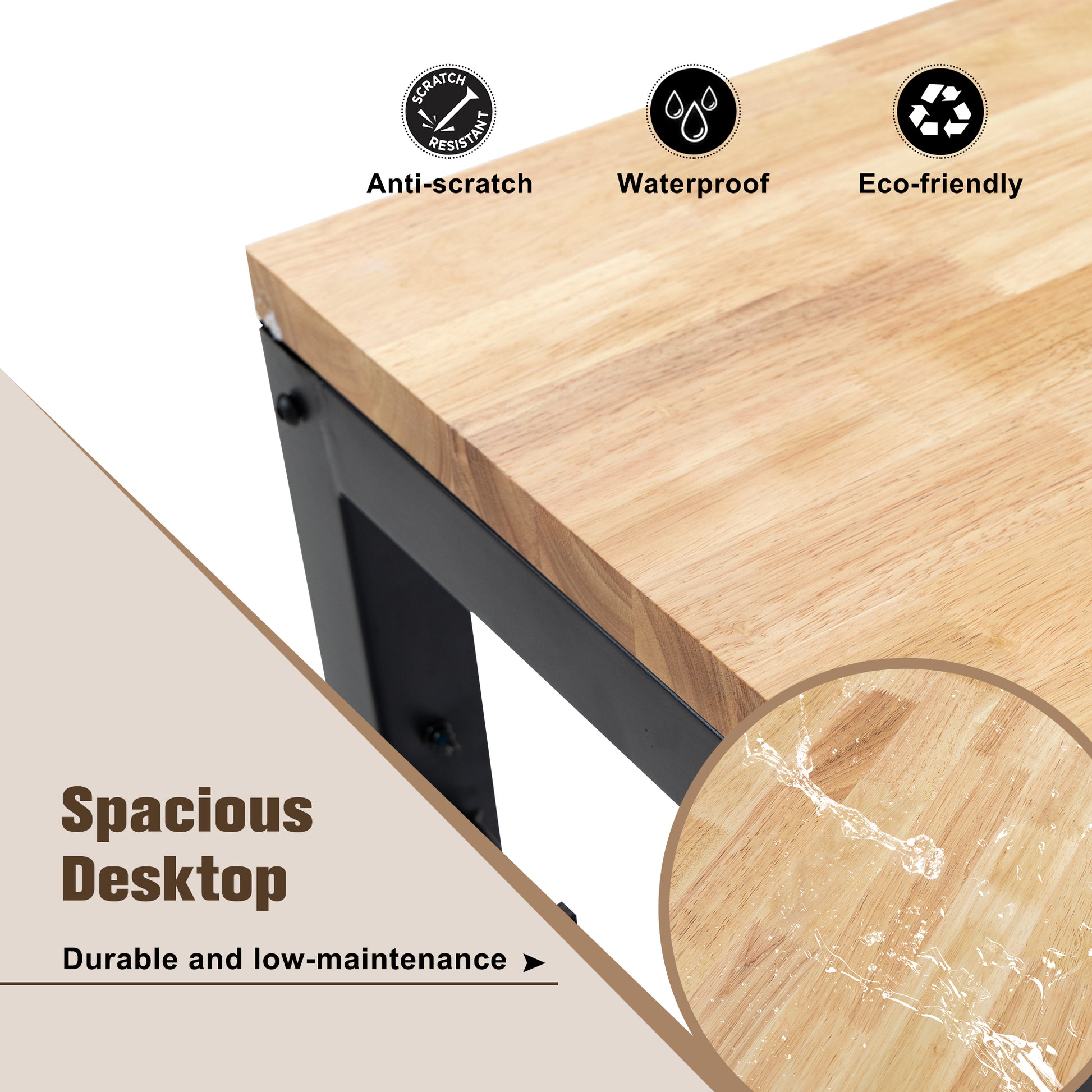 Adjustable Height Workbench, 60" Rubber Wood Top Heavy Duty Workstation With Power Outlets, 2000 Lbs Load Capacity Hardwood Worktable For Workshop, Garage, Office, Home, Commercial Black Metal & Wood