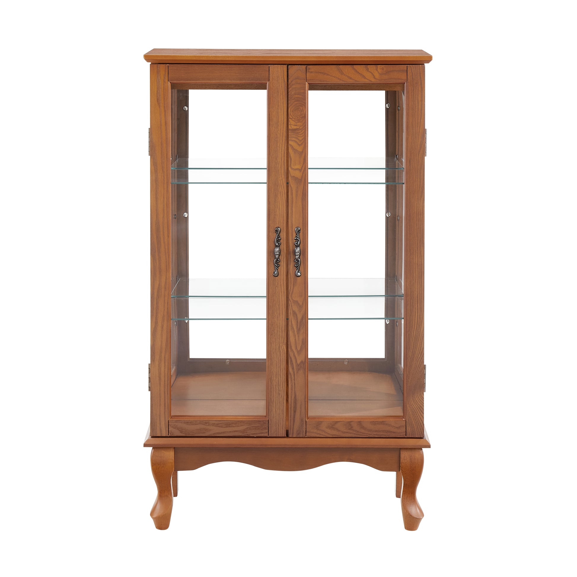 2 Doors Curio Cabinet With Tempered Glass Doors, Curio Cabinets With Mirrored Back Panel And Adjustable Shelves, Lighted Display Cabinet For Home, Office Light Bulb Included Oak Oak Mdf Glass