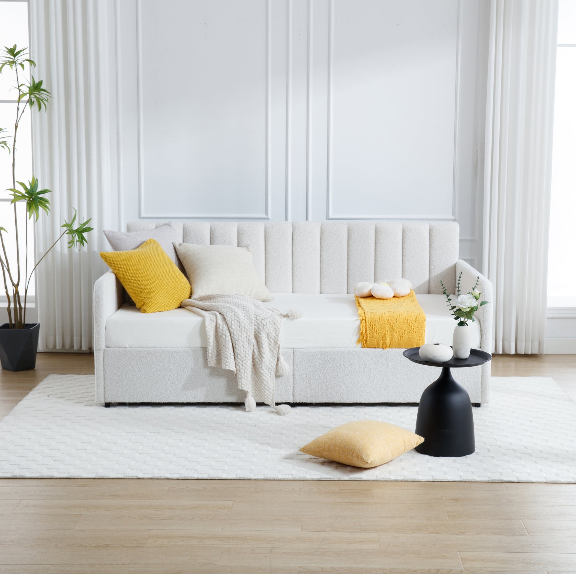 Flora Upholstered Daybed With 2 Drawers, Twin, Ivory Boucle, Ribbed Tufted Backrest, Daybed In Lavish Modern Design Box Spring Not Required Twin Ivory Metal Bedroom Classic,Contemporary,Minimalist,Traditional,Transitional Upholstered Upholstered