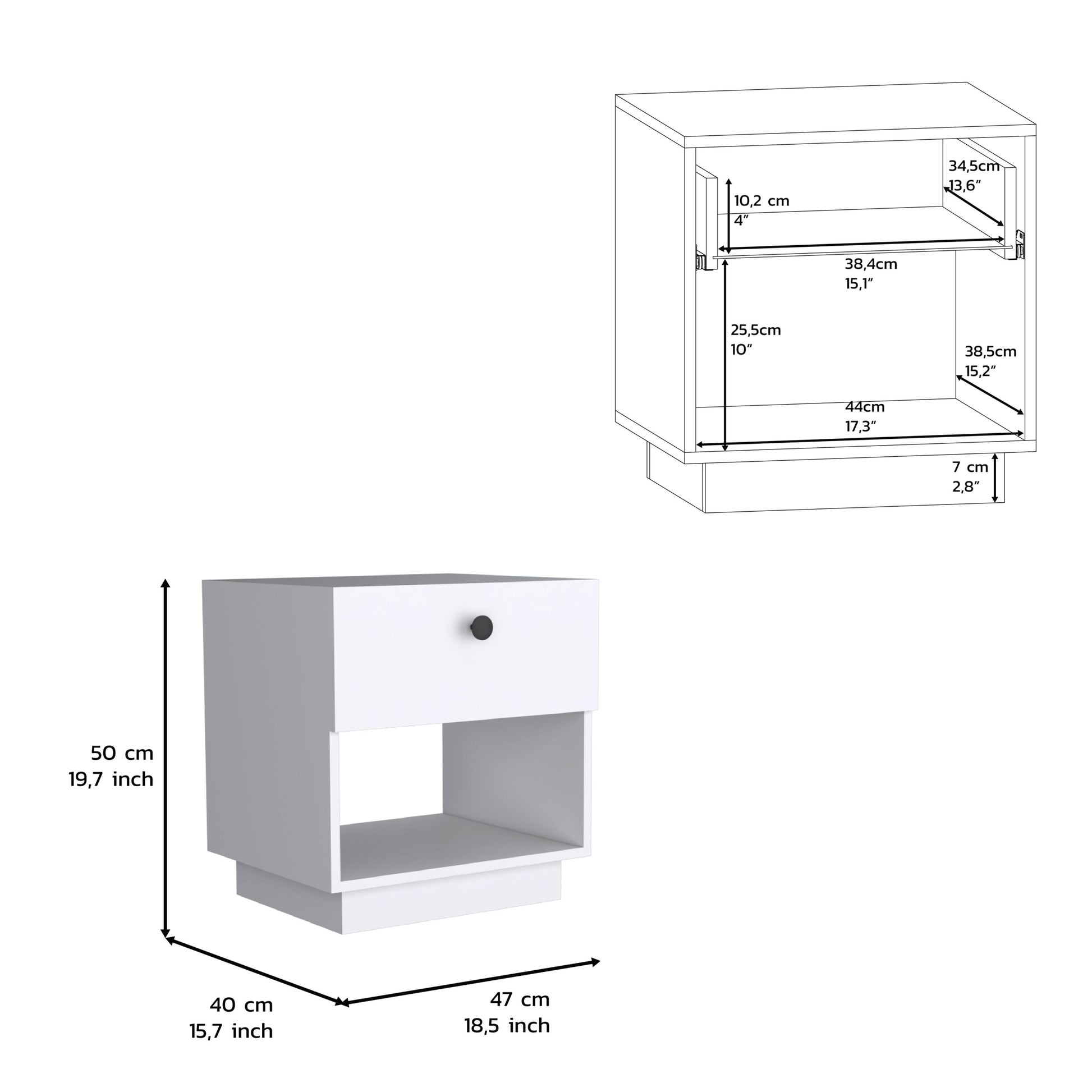 Single Drawer Nightstand 19"H With Open Storage Shelf, White White Particle Board Particle Board