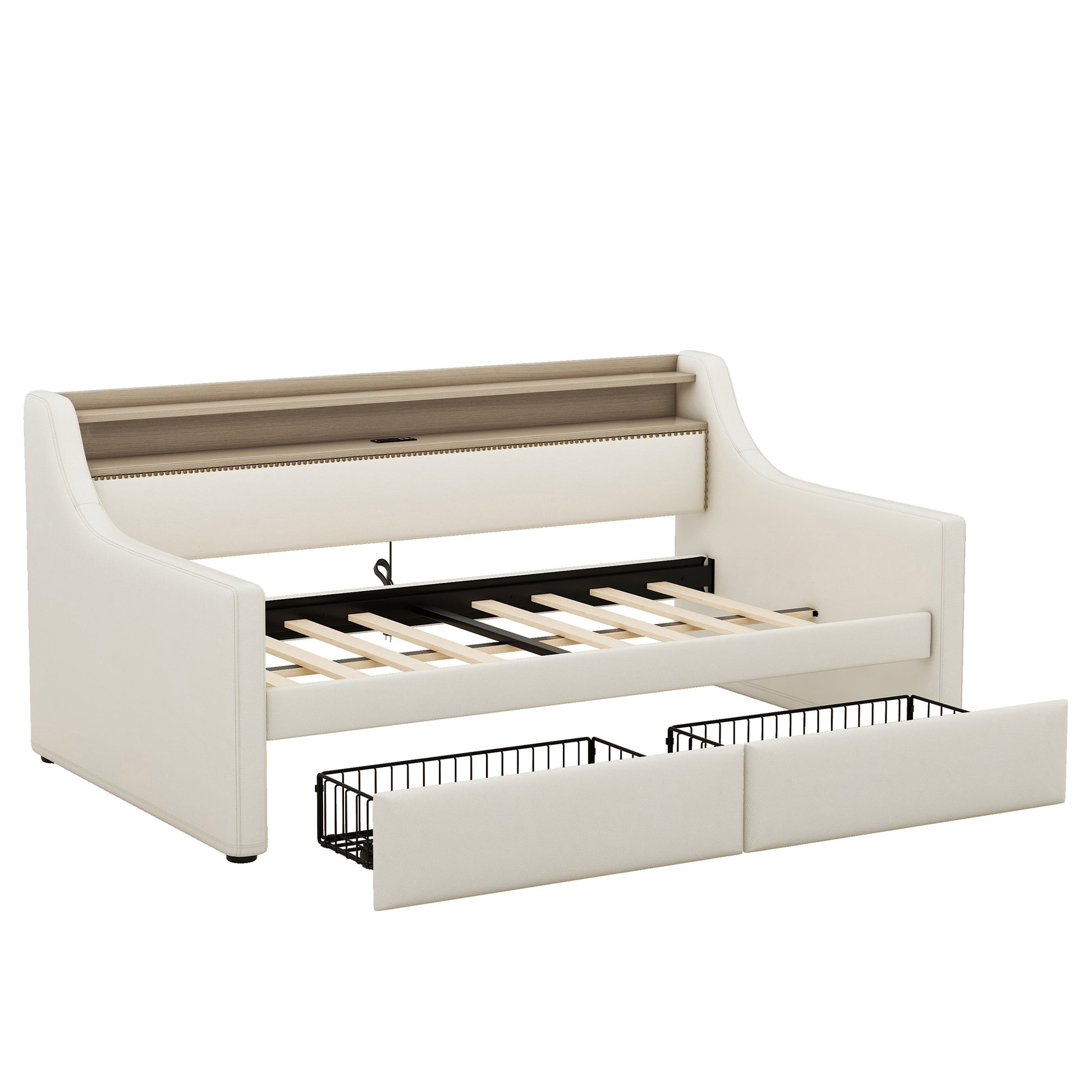 Twin Size Daybed With Storage Drawers, Upholstered Daybed With Charging Station And Led Lights, Beige Expect Arrive Date: Jun.,20Th. Twin Beige Pu Leather