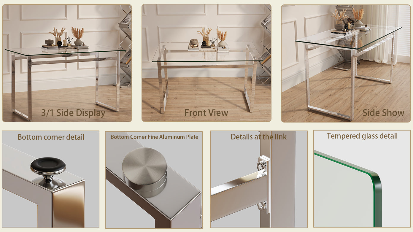 Modern Minimalist Rectangular Glass Dining Table For 4 6 With 0.31" Tempered Glass Tabletop And Silver Chrome Metal Legs, Writing Table Desk, For Kitchen Dining Living Room, 51" W X 27"D X 30" H Transparent Glass Glass