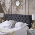 Upholstered Wingback Headboard, Button Tufted Upholstery, Sturdy Structure, King Size, Black Black Fabric