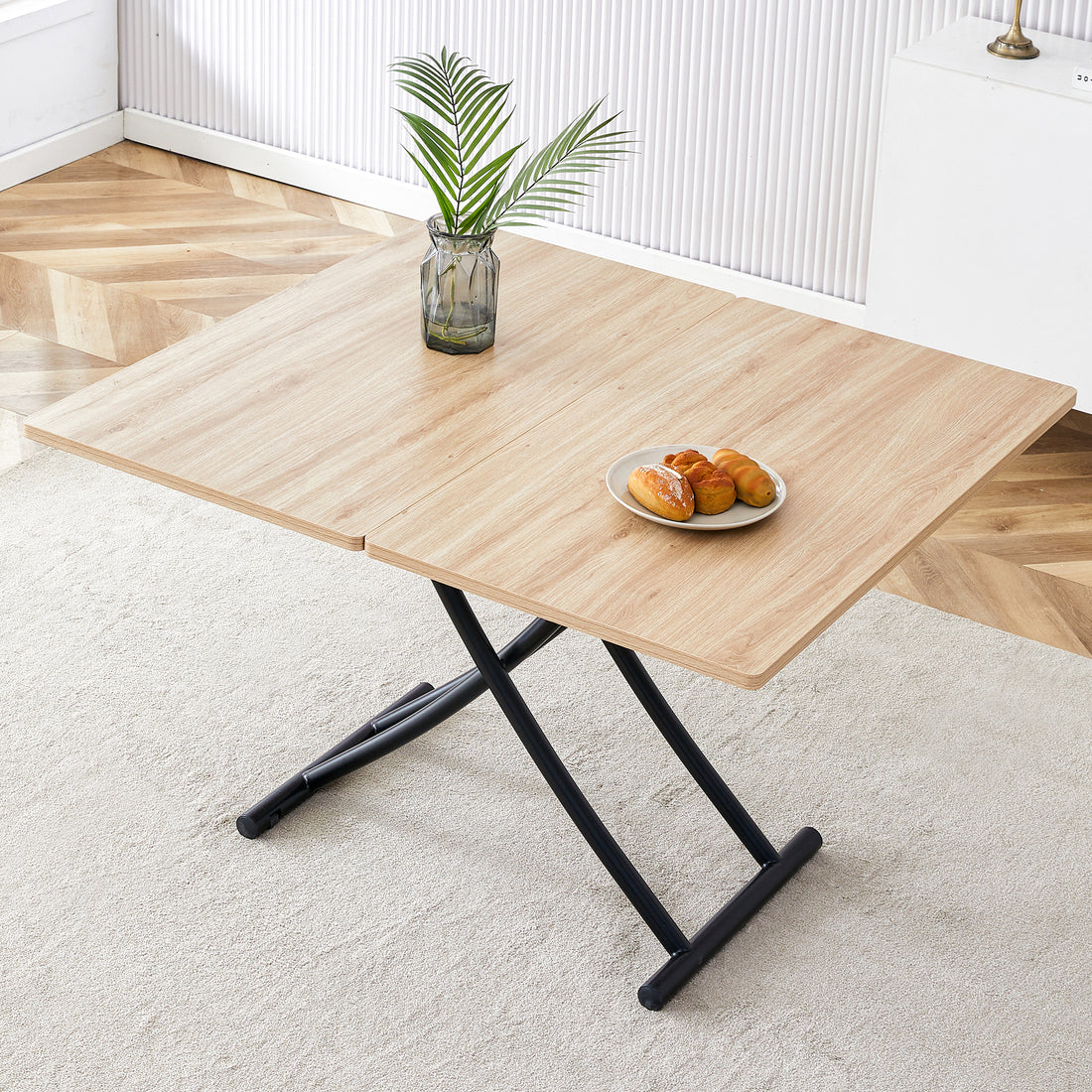 Modern Minimalist Multifunctional Lift Table With 0.8 Inch Mfc Tabletop And Black Metal Legs, Can Be Used As Dressing Table, Coffee Table, Dining Table, And Office Desk. Lt 10055 Black Iron