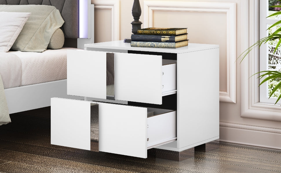 Elegant Nightstand With Metal Handle,Mirrored Bedside Table With 2 Drawers For Bedroom,Living Room,White White 2 Drawers Mdf Metal