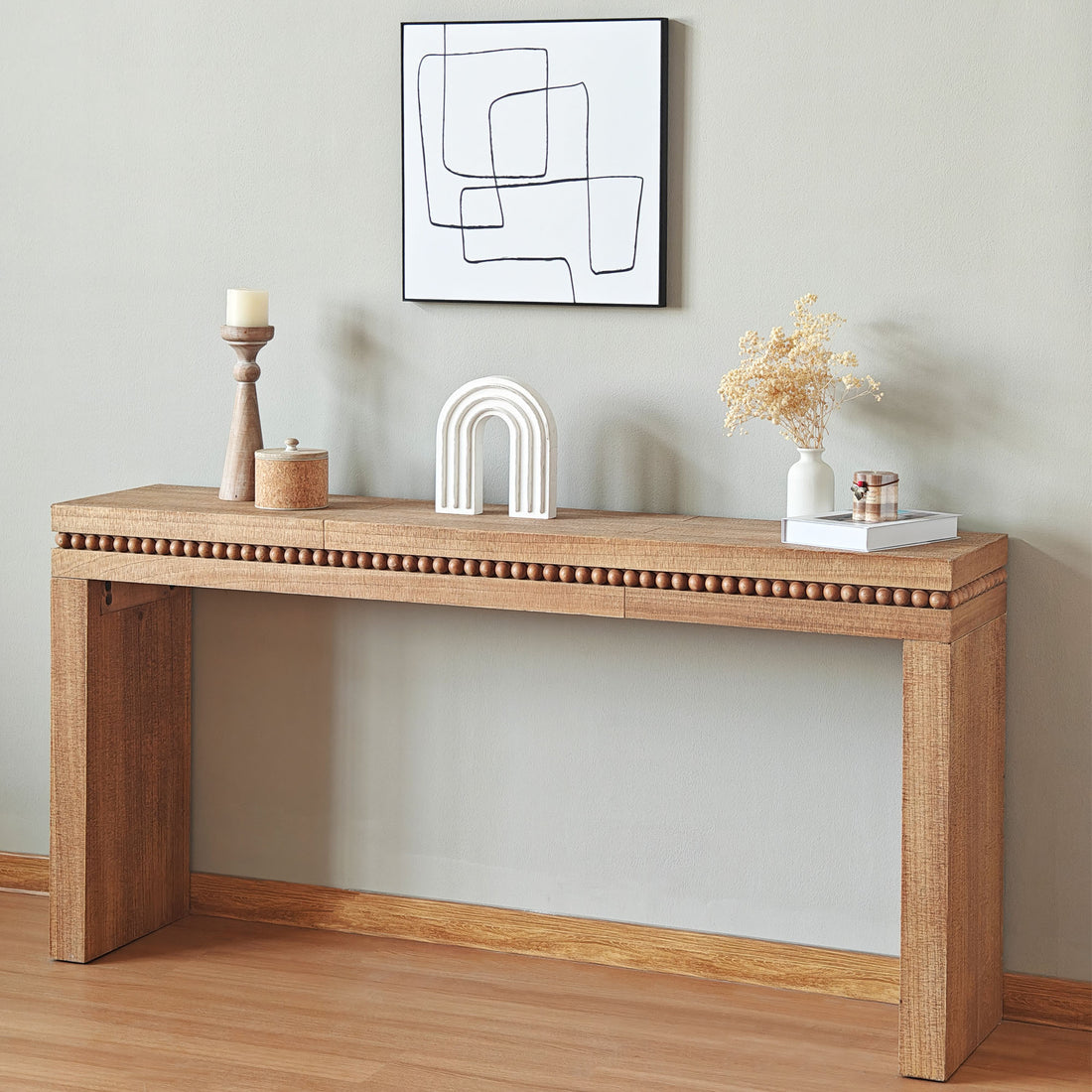 Convenience Concepts Natural Wood Console Table Desk With Real Wood Beads Decoration Antique Natural,Natural Wood,Natural Wood Wash Distressed Finish Primary Living Space Modern Fir Rectangular Powder Coated Console Tables Rectangular Wood