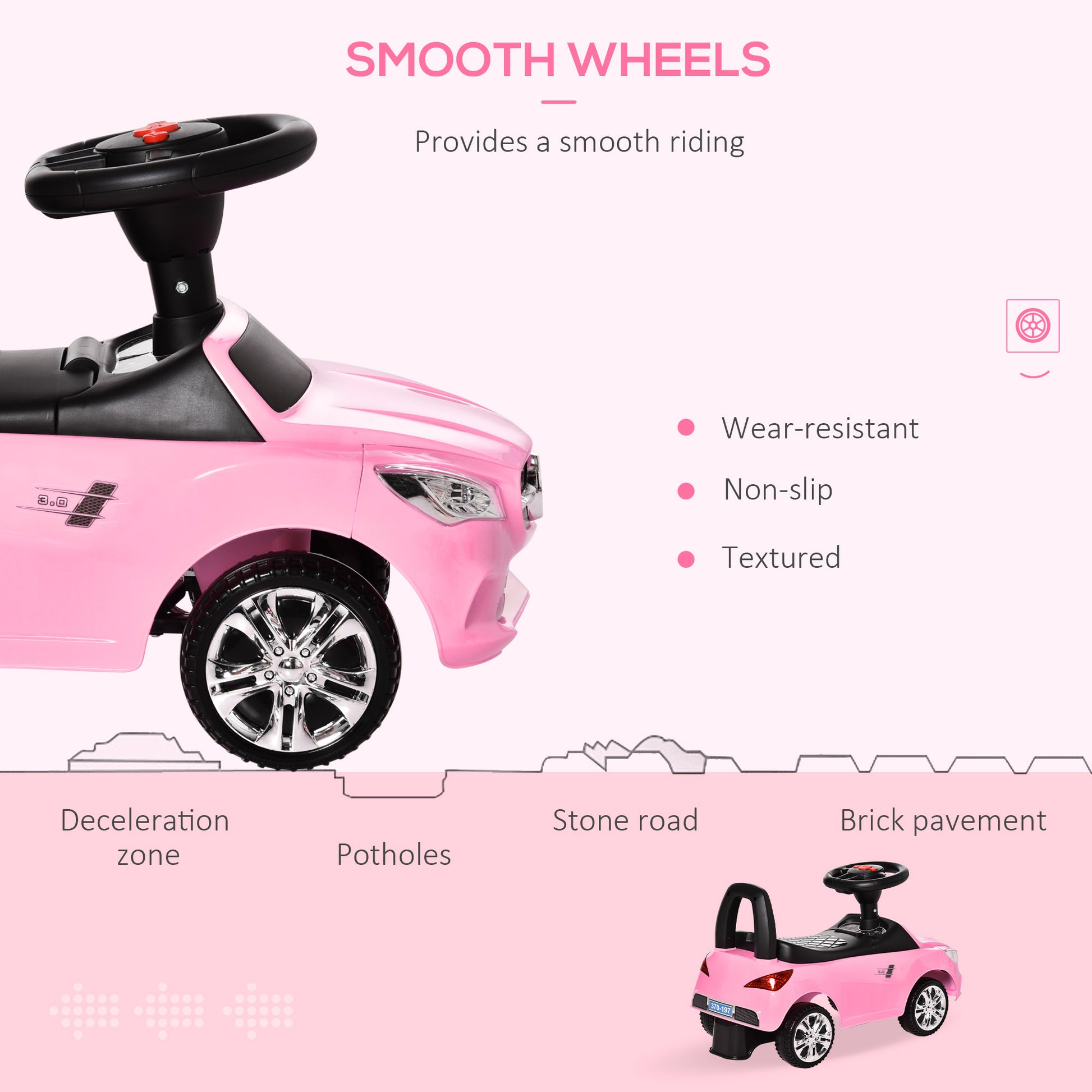 Aosom Kids Ride On Push Car, Foot To Floor Walking Sliding Toy Car For Toddler With Working Horn, Music, Headlights And Storage, Pink Pink Metal