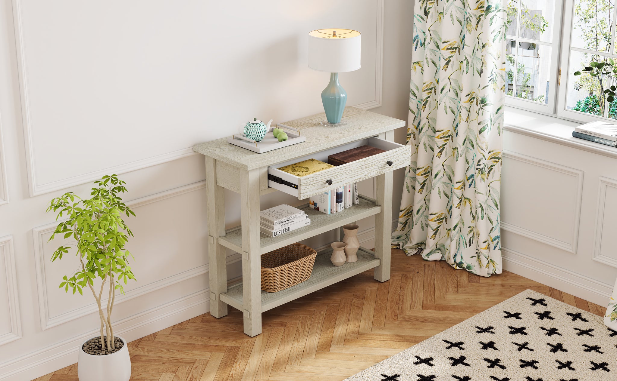 Retro Console Table With Drawer And Two Sturdy Shelves For Entryway, Living Room Gray Wash Gray Wash Mdf,Rubber Wood