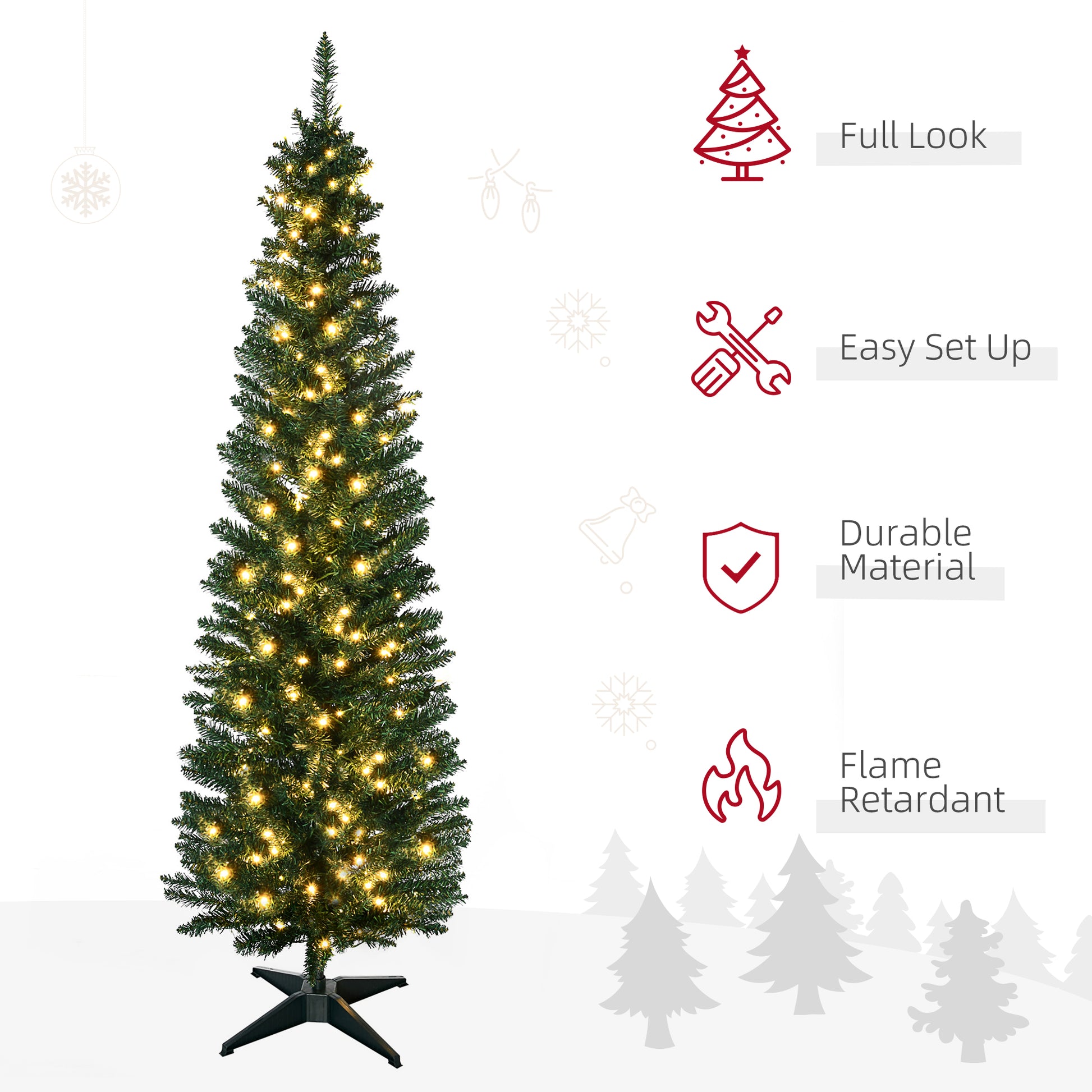 Homcom 7' Tall Pre Lit Slim Noble Fir Artificial Christmas Tree With Realistic Branches, 200 Warm White Led Lights And 499 Tips, Green Green Plastic