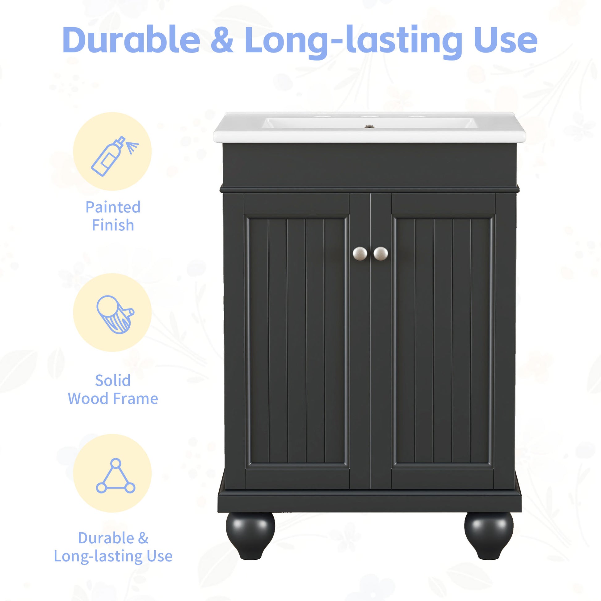 24" Black Modern Sleek Bathroom Vanity Elegant Ceramic Sink With Solid Wood Frame, Adjustable Shelf Black Solid Wood Mdf