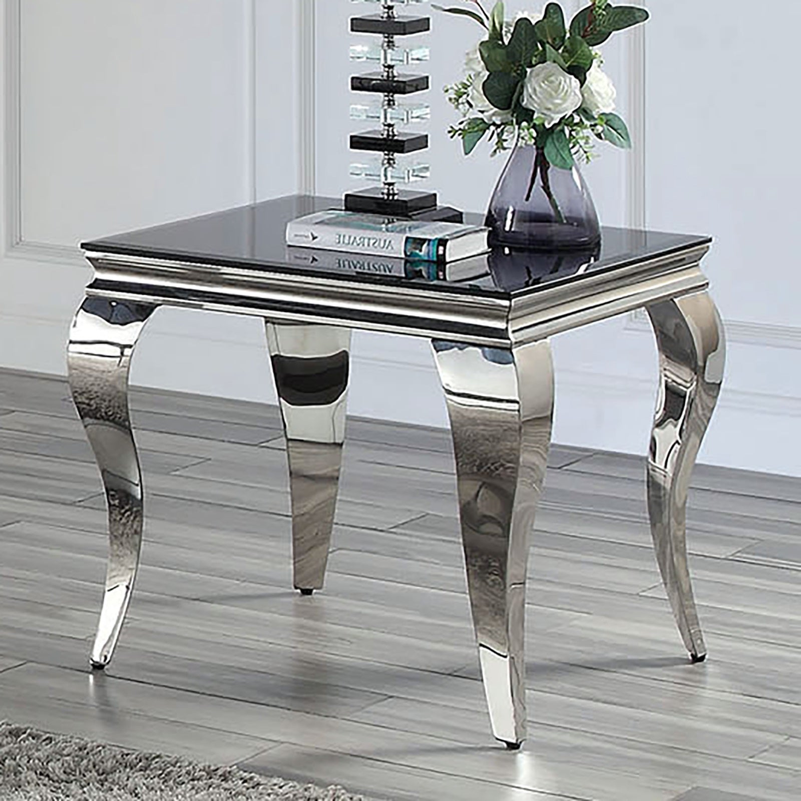 Glam Contemporary1Pc End Table Black Glass Top Silver Color Table Living Room Stainless Steel Cabriole Style Legs Black,Silver Primary Living Space Classic,Modern,Transitional Coffee & End Tables Square Glass,Stainless Steel