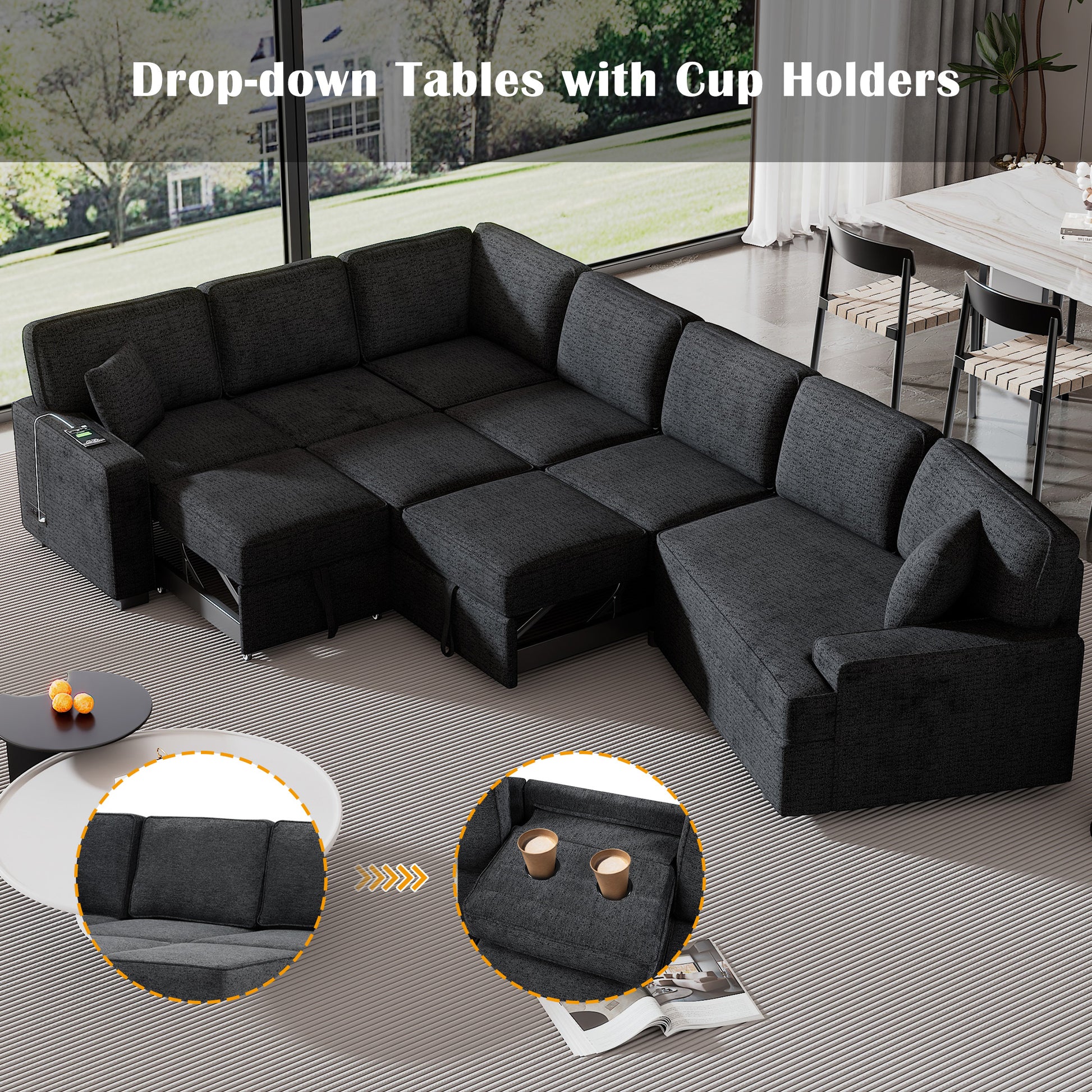 126" L Shaped Sofa Sectional Sofa Couch Pull Out Sofa Bed With Charging Devices And Cup Holders For Living Room, Blue Black Black Blue Foam Chenille 6 Seat